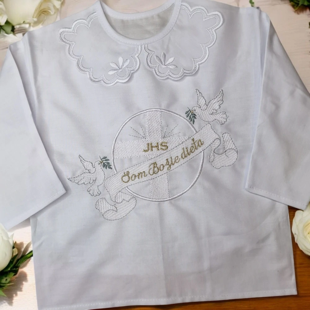 Košieľka na krst Soňa / krstová košieľka s holubicami a krížom