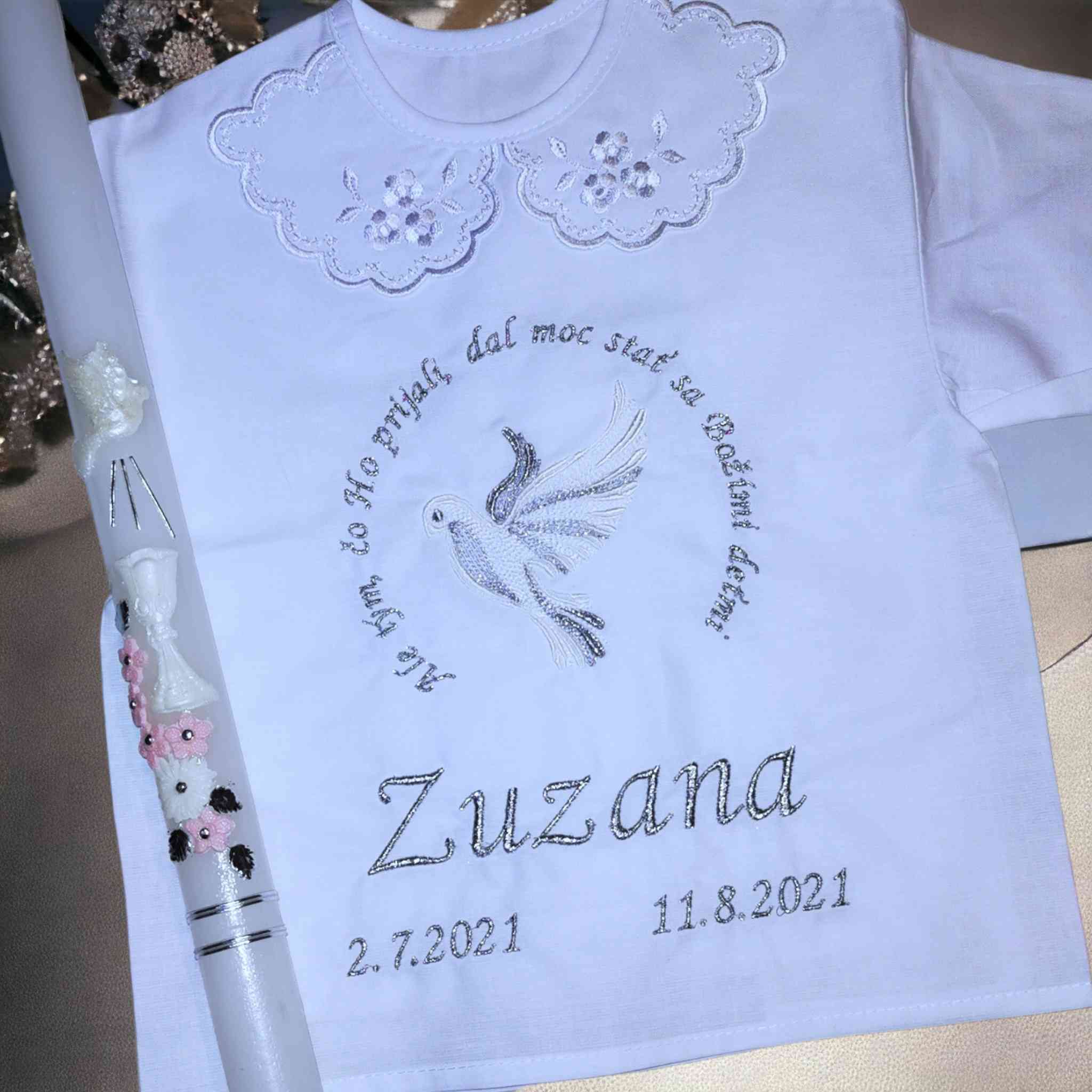 Košieľka na krst Blanka / krstová košieľka s holubicou 