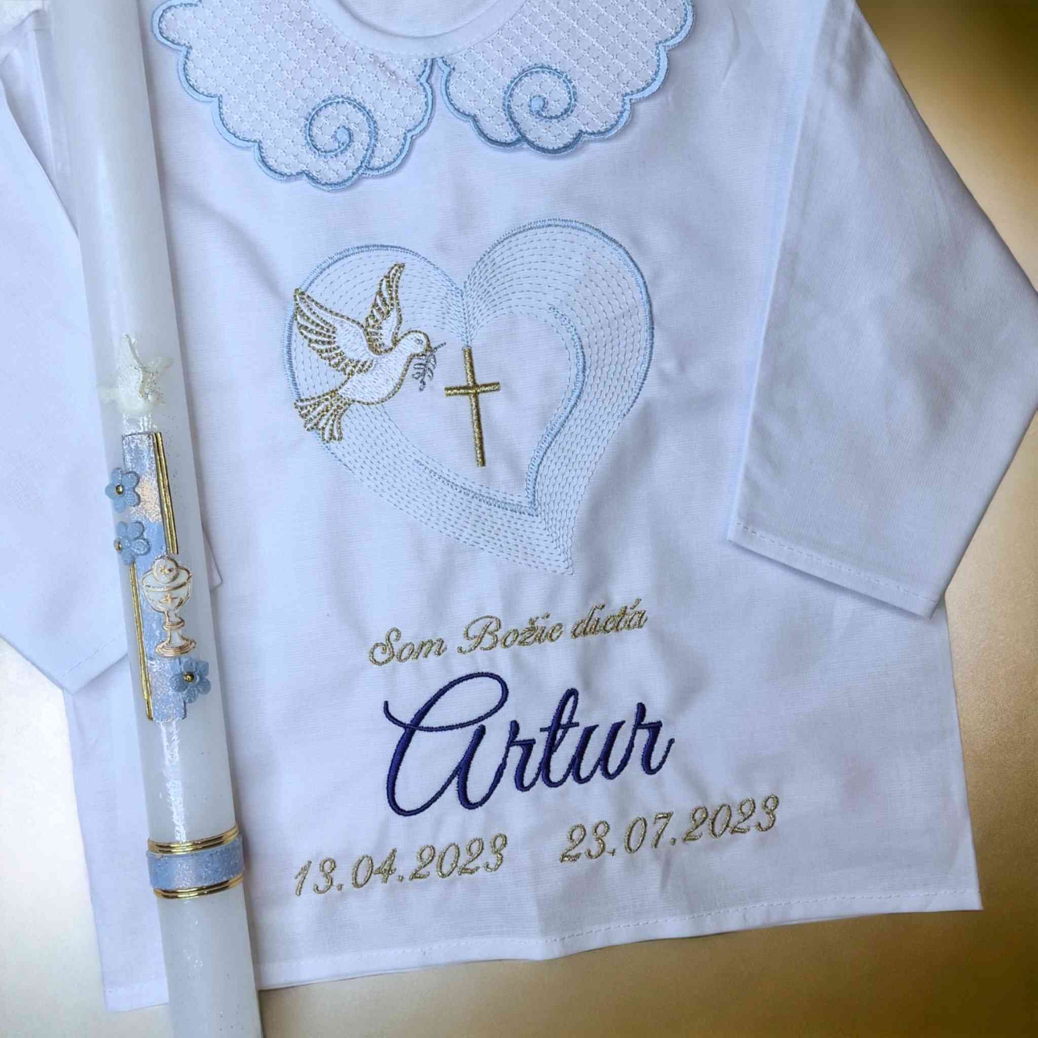 Košieľka na krst Cyprian / krstová košieľka srdce, holubica a krížik - jemná