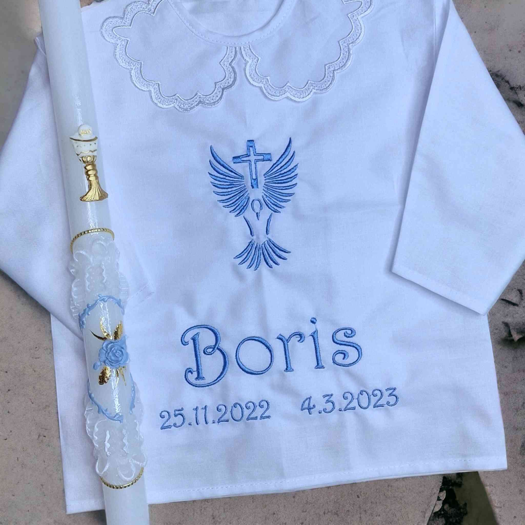 Košieľka na krst Bruno / krstová košieľka s holubicou a krížikom