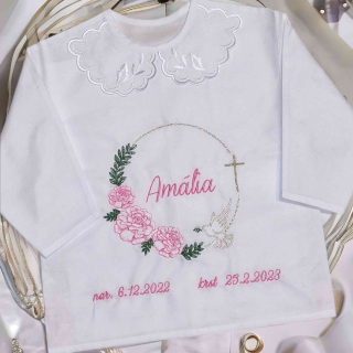 Košieľka na krst Amália, krstová košieľka s holubičkou a krížikom